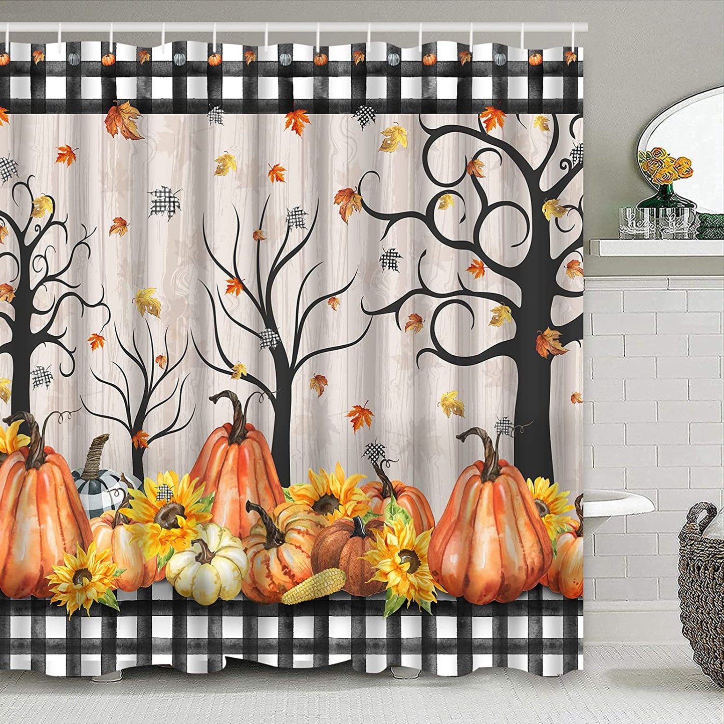 Ikfashoni Fall Shower Curtain, Buffalo Plaid Waterproof Bath Curtains,Thanksgiving Pumpkin Bathroom Decor,70"X69"