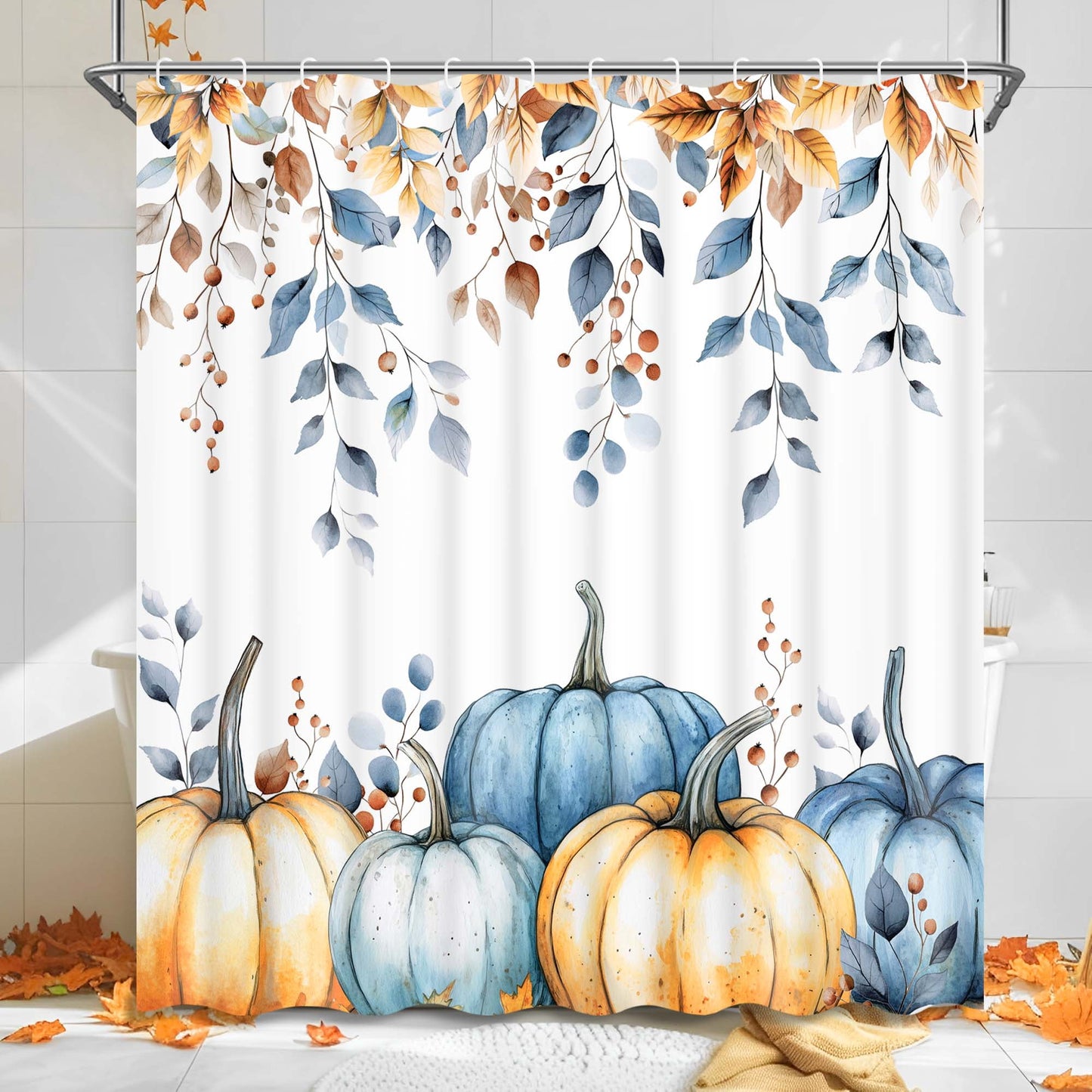 Ikfashoni Fall Shower Curtain with Hooks, Blue Pumpkin Leaves Waterproof Bathroom Curtains, 72"X72"