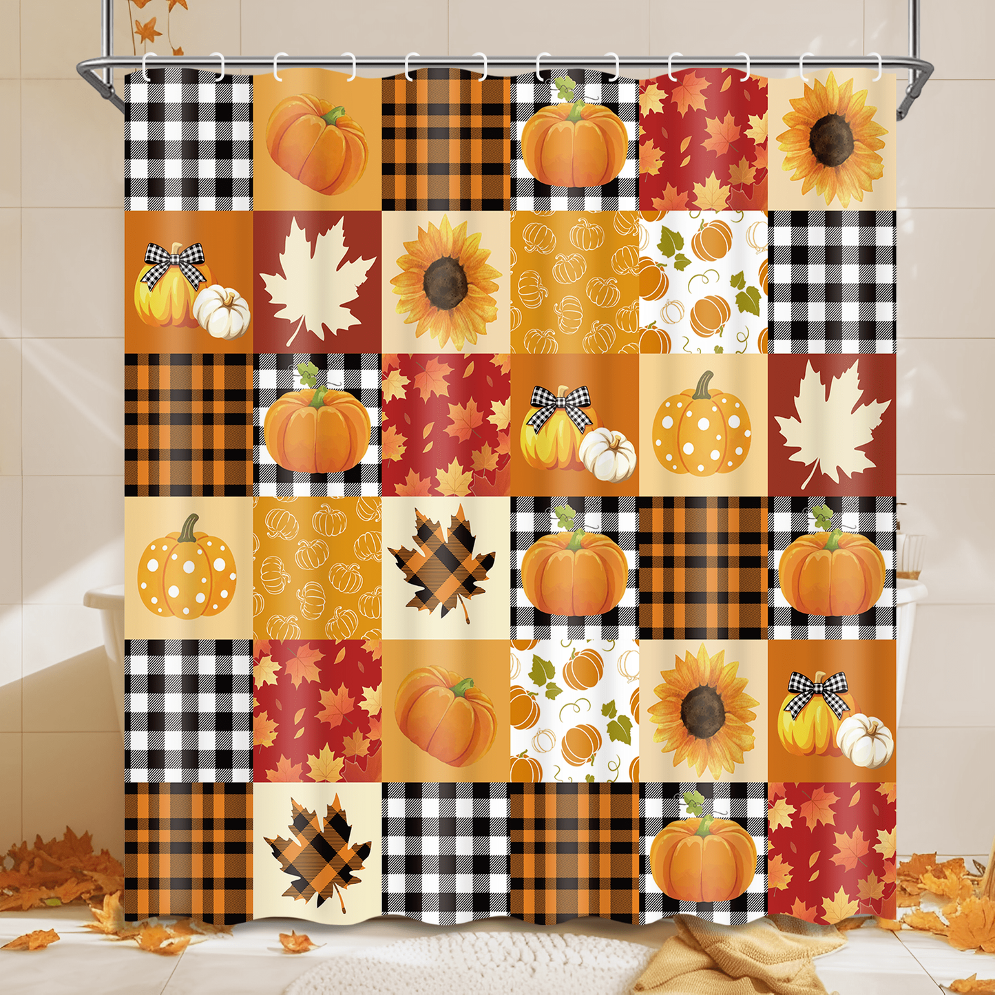 Ikfashoni Fall Shower Curtain with Hooks, Buffalo Plaid Pumpkin Waterproof Bathroom Curtains, 72"X72"