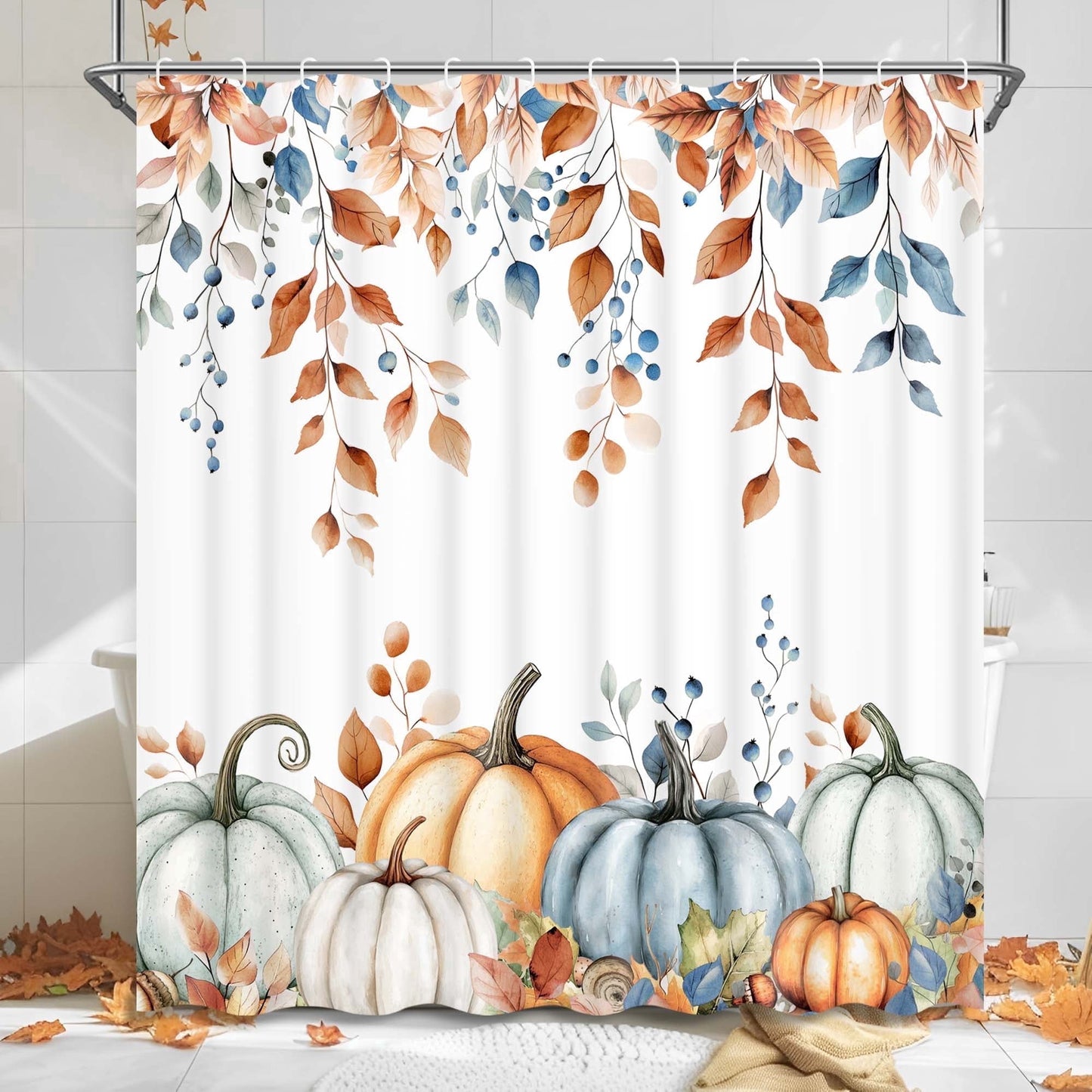 Ikfashoni Fall Shower Curtain with Hooks, Orange Pumpkin Leaves Waterproof Bathroom Curtains, 72"X72"