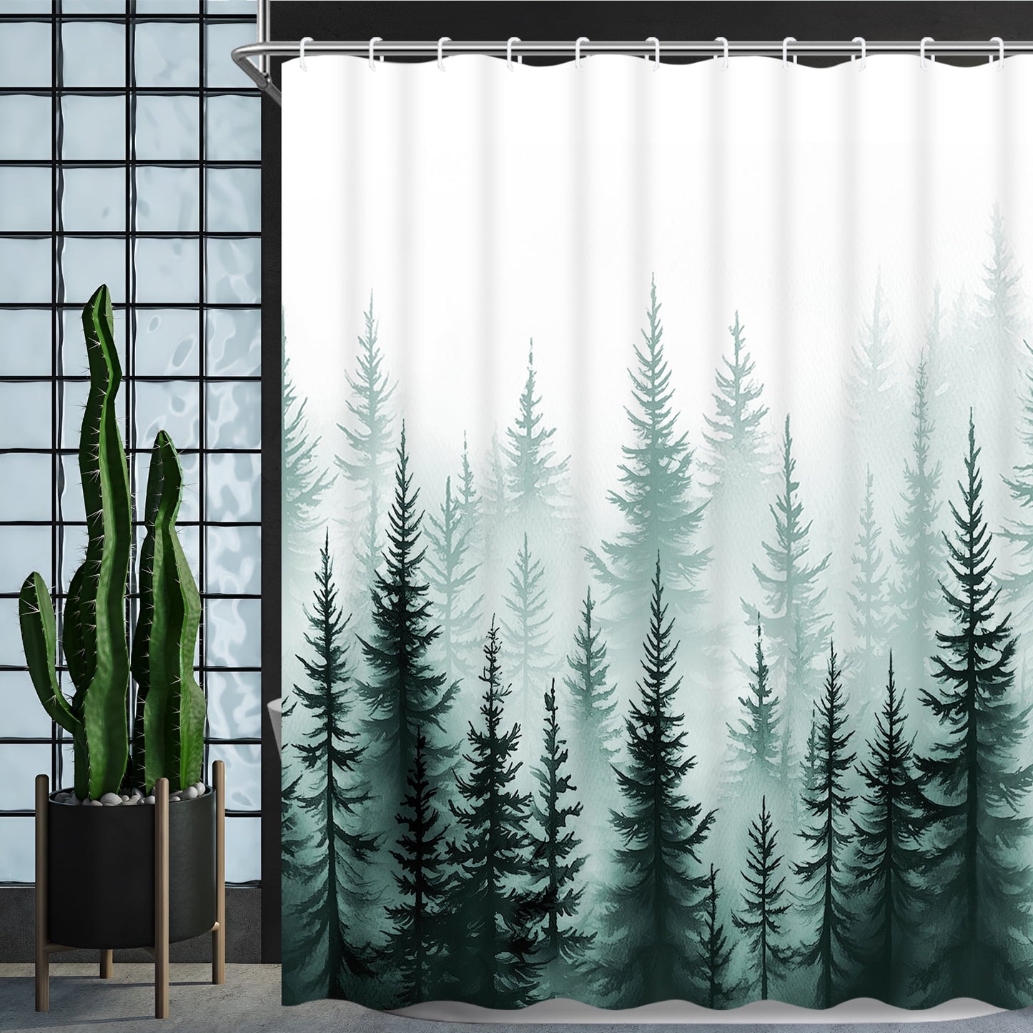 Ikfashoni Green Forests Shower Curtain with Hooks, 13pc Waterproof Fabric Bath Curtain, 72"X72"