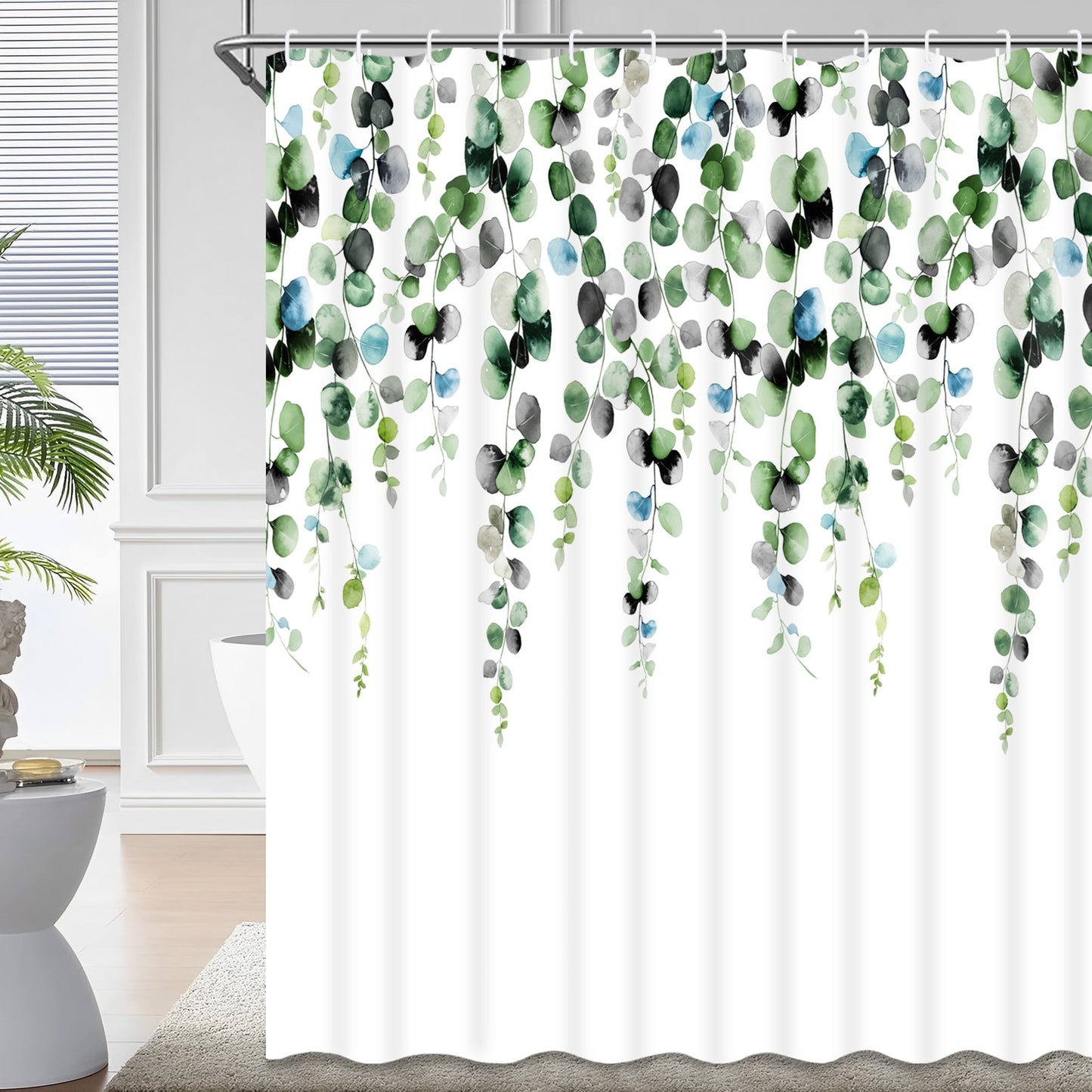 Ikfashoni Green Leaves Shower Curtain with Hooks,13pc Waterproof Fabric Bath Curtain, 72"X72"