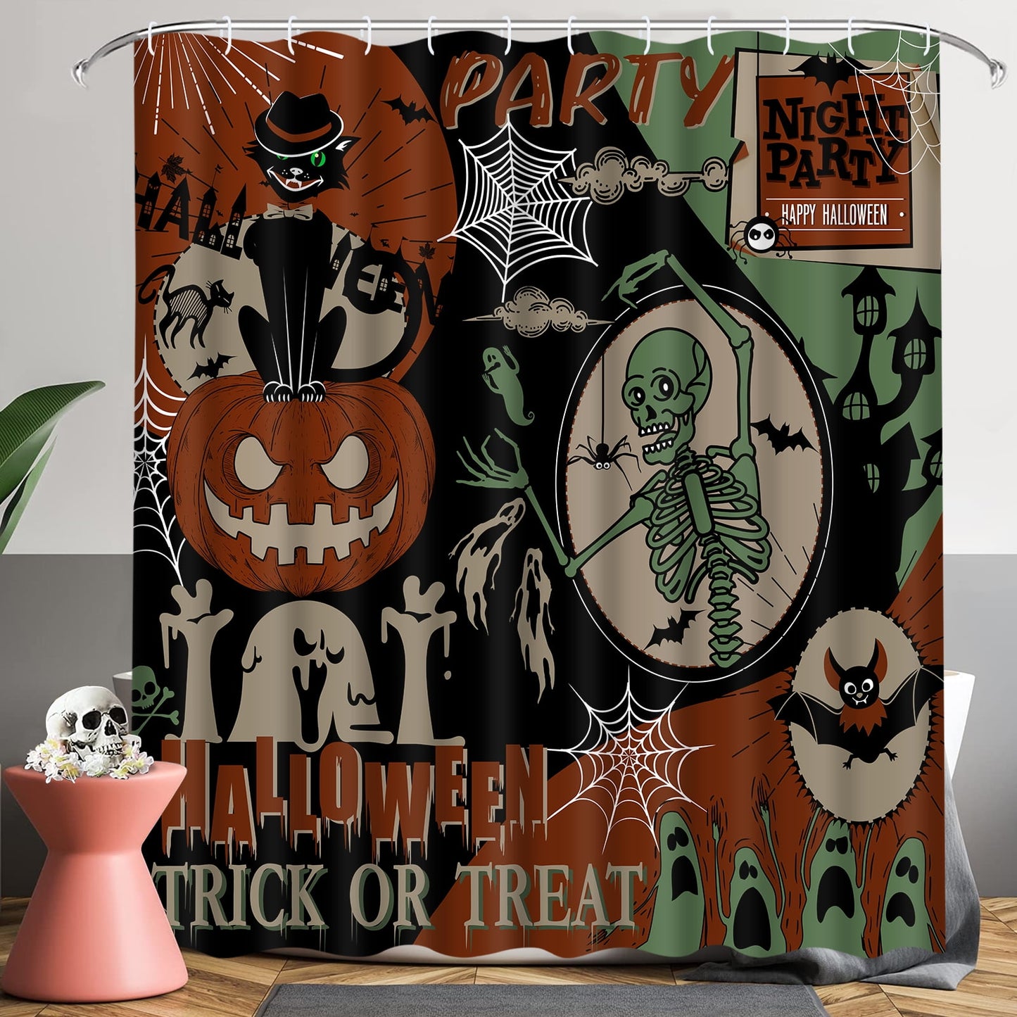 Ikfashoni Halloween Night Party Shower Curtain,Skeleton Pumpkin Ghost Waterproof Fabric Bath Curtains,70"X69"