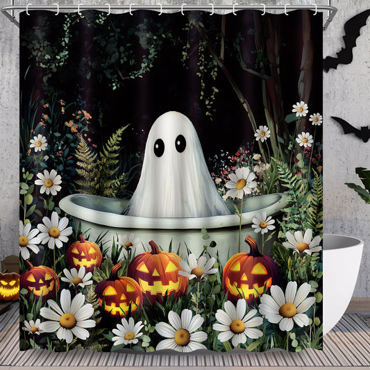 Ikfashoni Halloween Shower Curtain with Hooks, Black Ghost Waterproof Bathroom Curtains, 72"X72"
