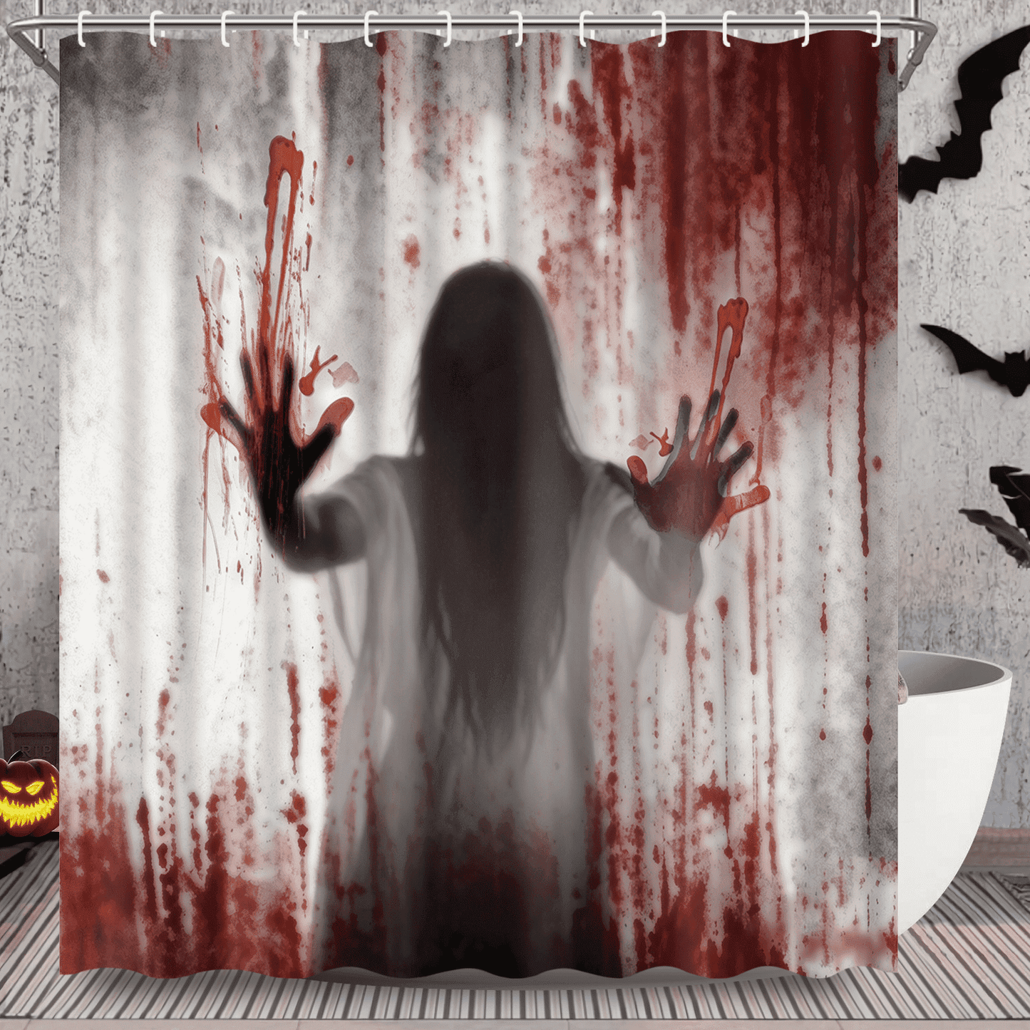 Ikfashoni Halloween Shower Curtain with Hooks, Horror Black Ghost Waterproof Bathroom Curtains, 72"X72"