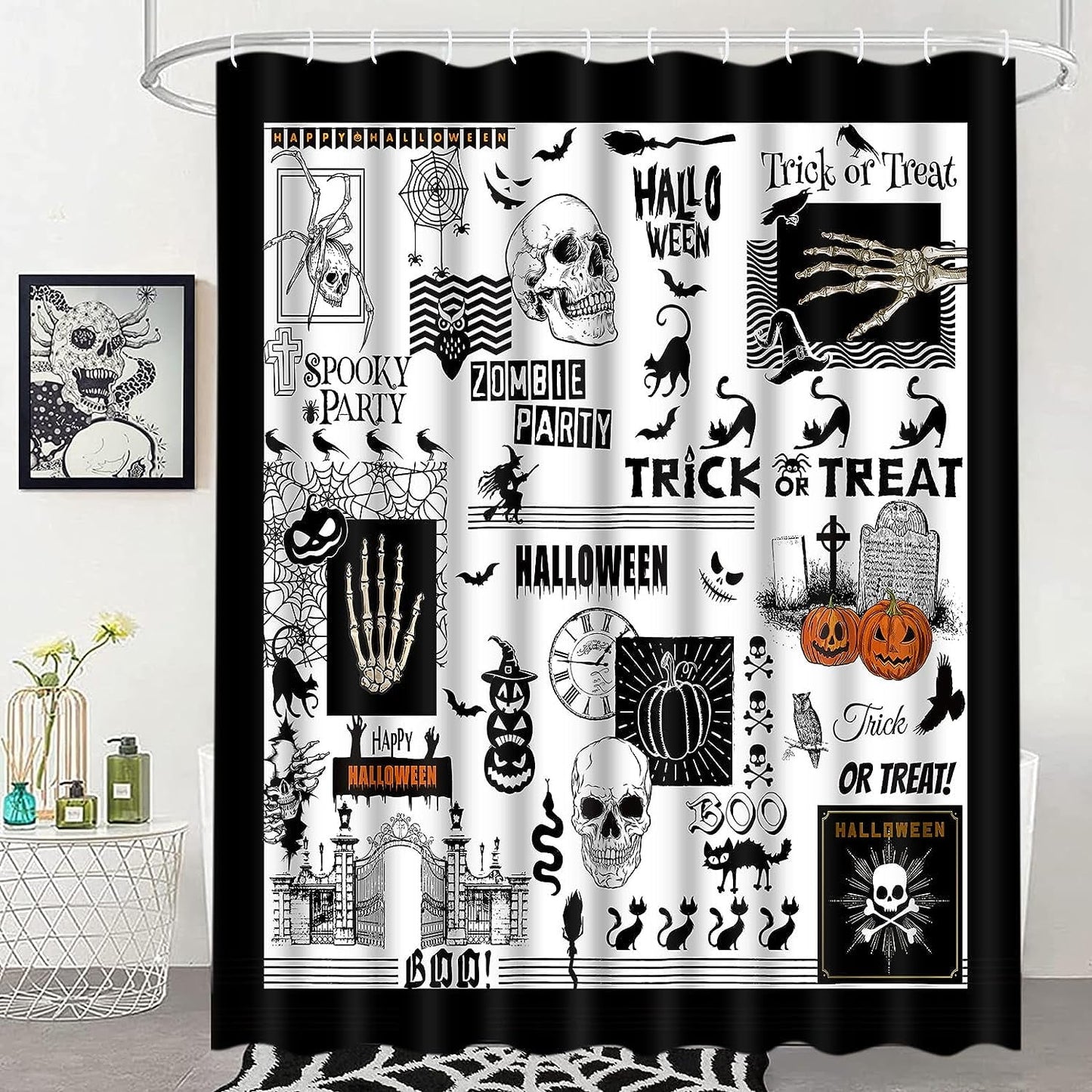 Ikfashoni Halloween Zombie Shower Curtain,Black Cat Skull Waterproof Bath Curtains,70"X69"