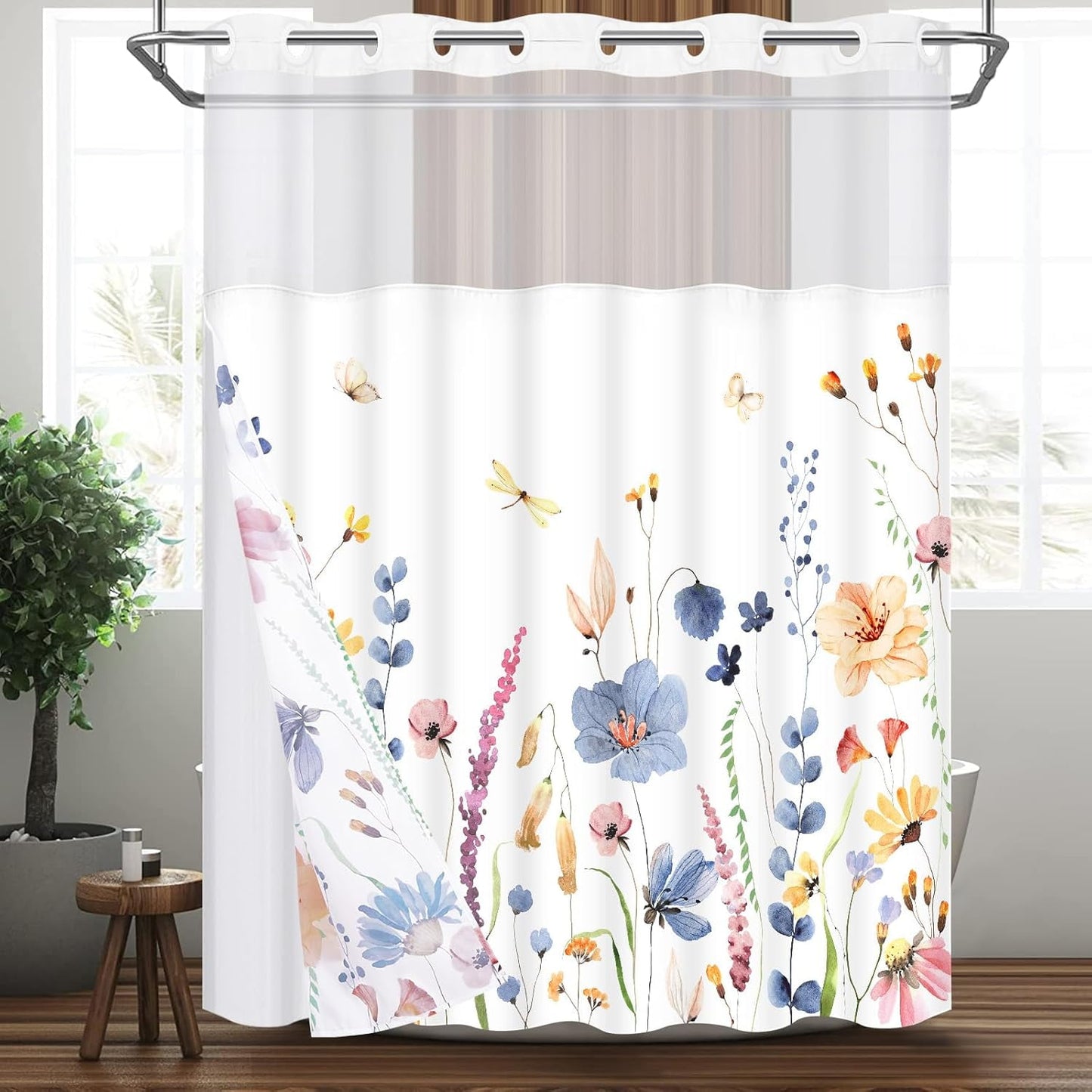 Ikfashoni Hookless Shower Curtain with Snap in Liner, Green Floral Waterproof Fabric No Hook Bathroom Curtain, 71"X74"