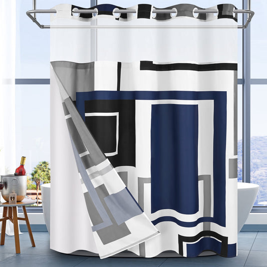Ikfashoni Hookless Shower Curtain with Snap in Liner, Blue Geometric No Hook Waterproof Bath Curtain, 71"X74"