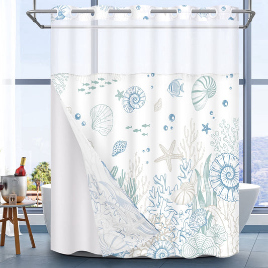 Ikfashoni Hookless Shower Curtain with Snap in Liner, Blue Ocean No Hook Waterproof Bath Curtain, 71"X74"