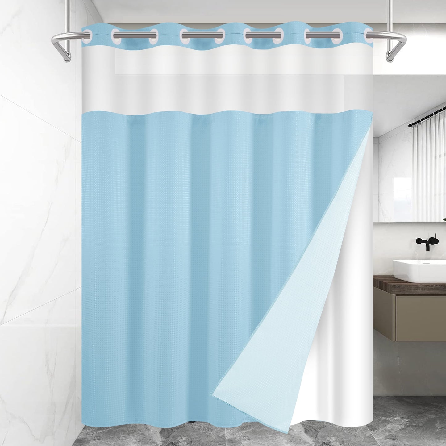 Ikfashoni Hookless Shower Curtain with Snap in Liner,Cream Waffle Weave Waterproof Fabric Mesh Window Bathroom Curtain,36"X74"