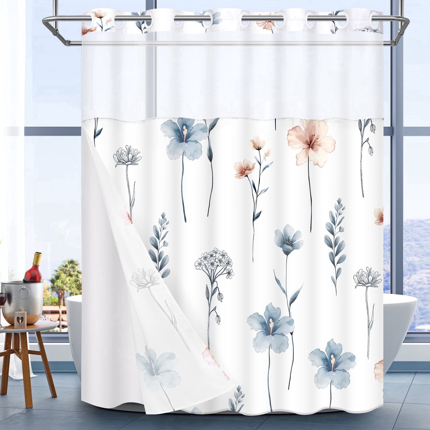 Ikfashoni Hookless Shower Curtain with Snap in Liner, Yellow Watercolor Flowers No Hook Waterproof Bath Curtain, 71"X74"