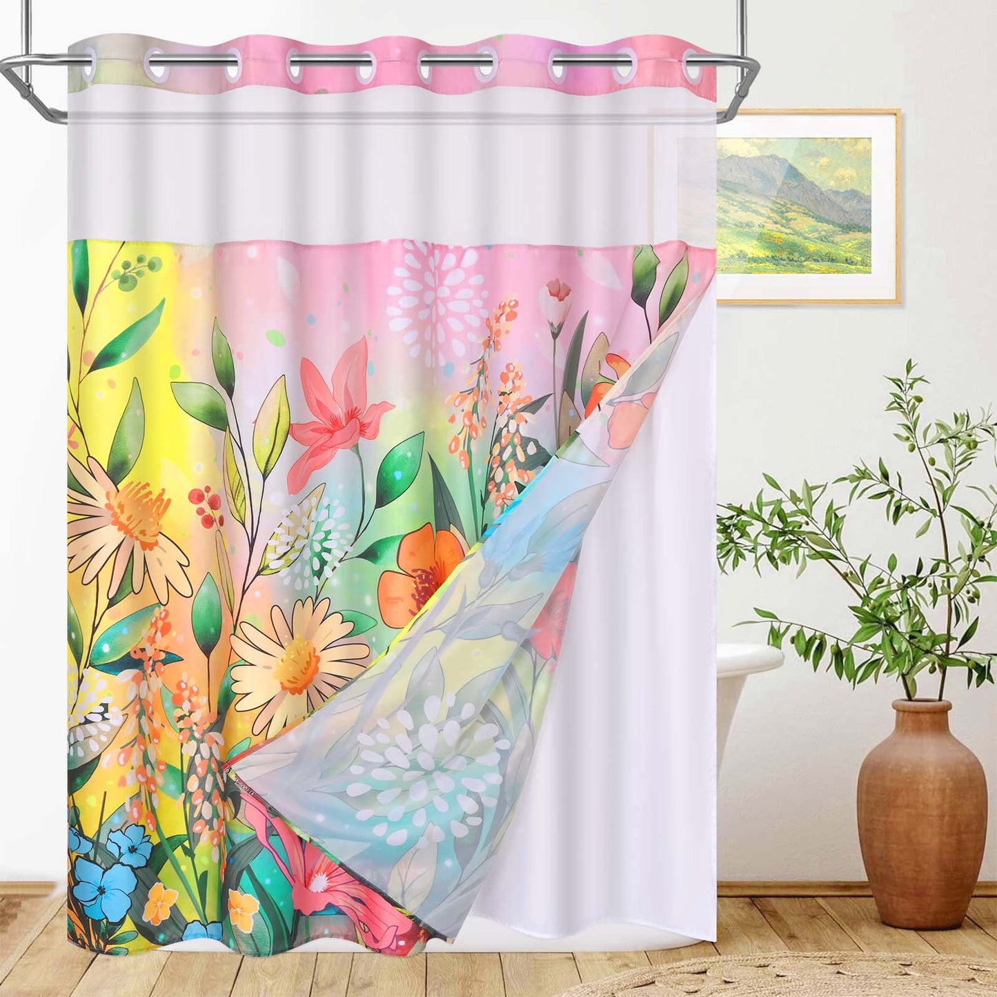 Ikfashoni Hookless Shower Curtain with Snap in Liner, Boho Flower Waterproof Fabric Mesh Window Bath Curtain, 71"X74"