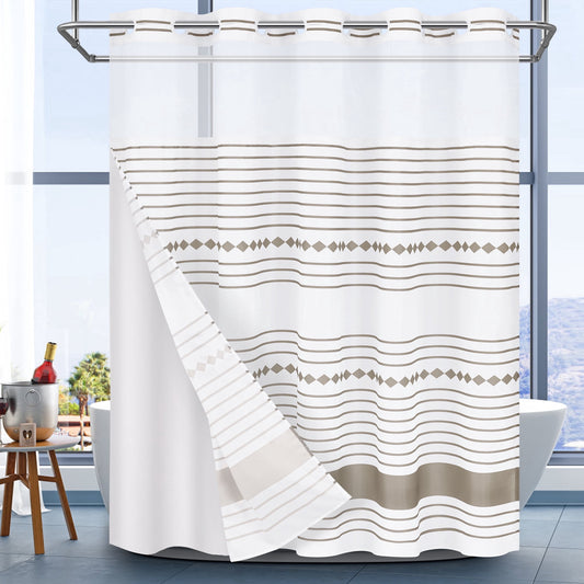 Ikfashoni Hookless Shower Curtain with Snap in Liner, Brown Strip No Hook Waterproof Bath Curtain, 71"X74"