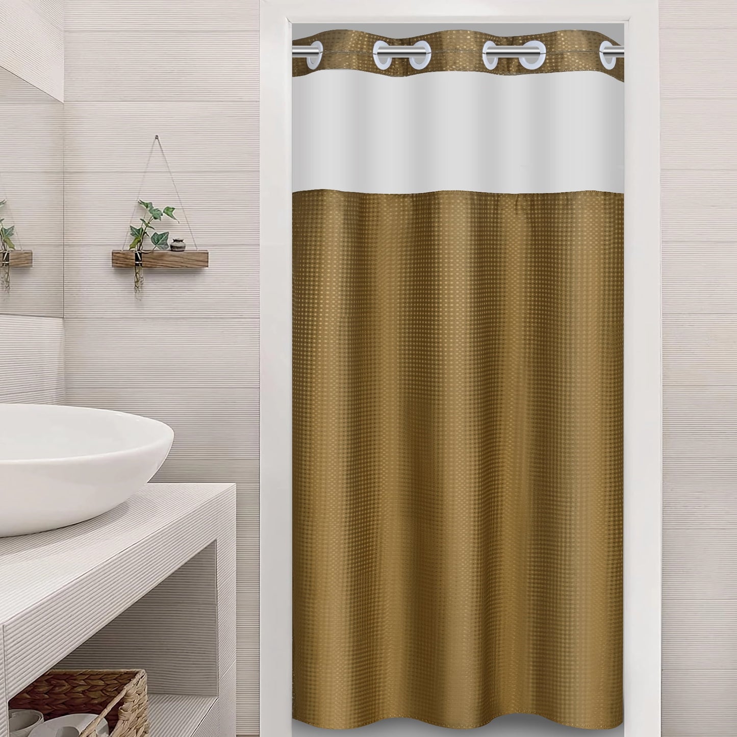 Ikfashoni Hookless Shower Curtain with Snap in Liner,Cream Waffle Weave Waterproof Fabric Mesh Window Bathroom Curtain,36"X74"