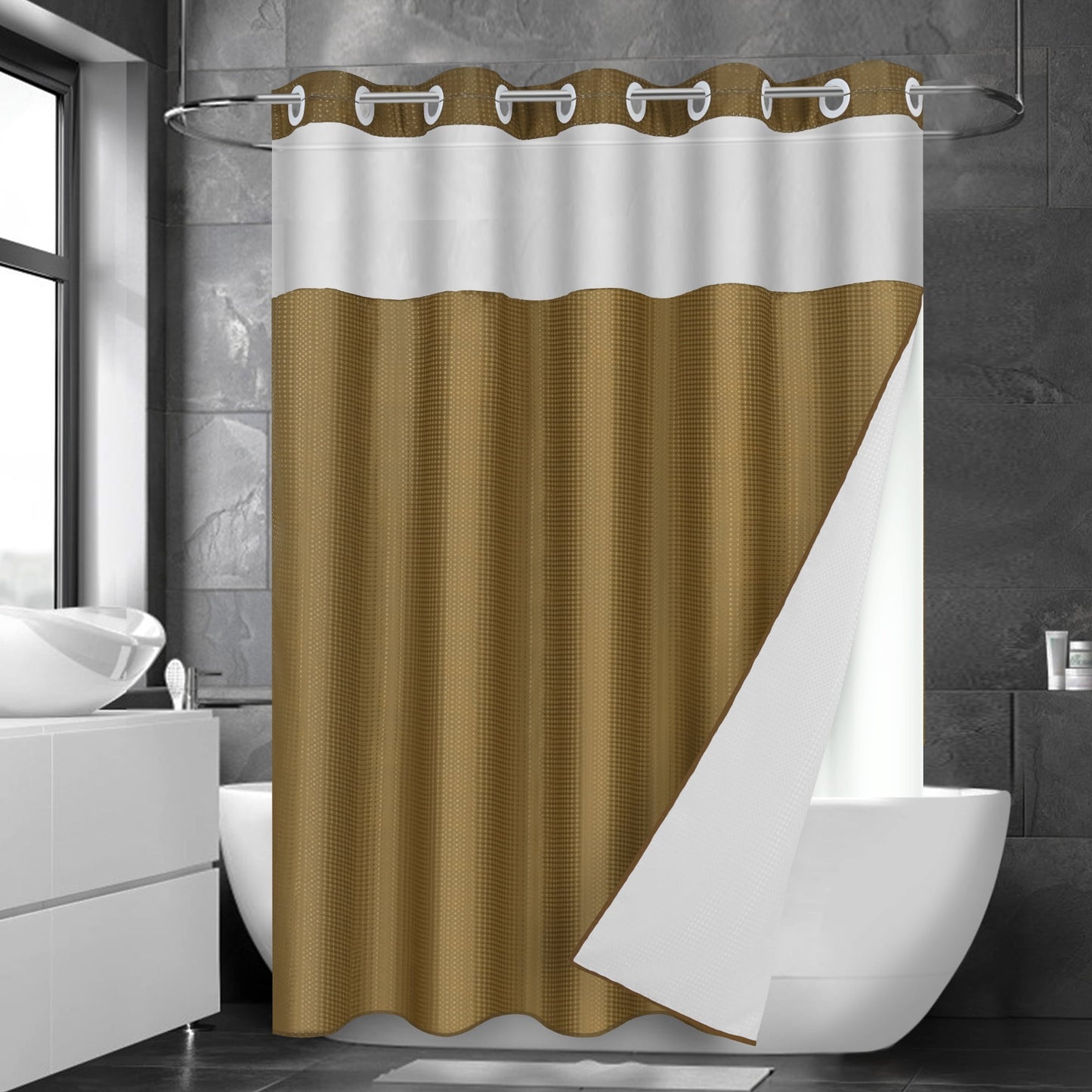 Ikfashoni Hookless Shower Curtain with Snap in Liner,Cream Waffle Weave Waterproof Fabric Mesh Window Bathroom Curtain,36"X74"