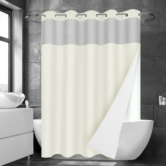 Ikfashoni Hookless Shower Curtain with Snap in Liner,Cream Waffle Weave Waterproof Fabric Mesh Window Bathroom Curtain,36"X74"