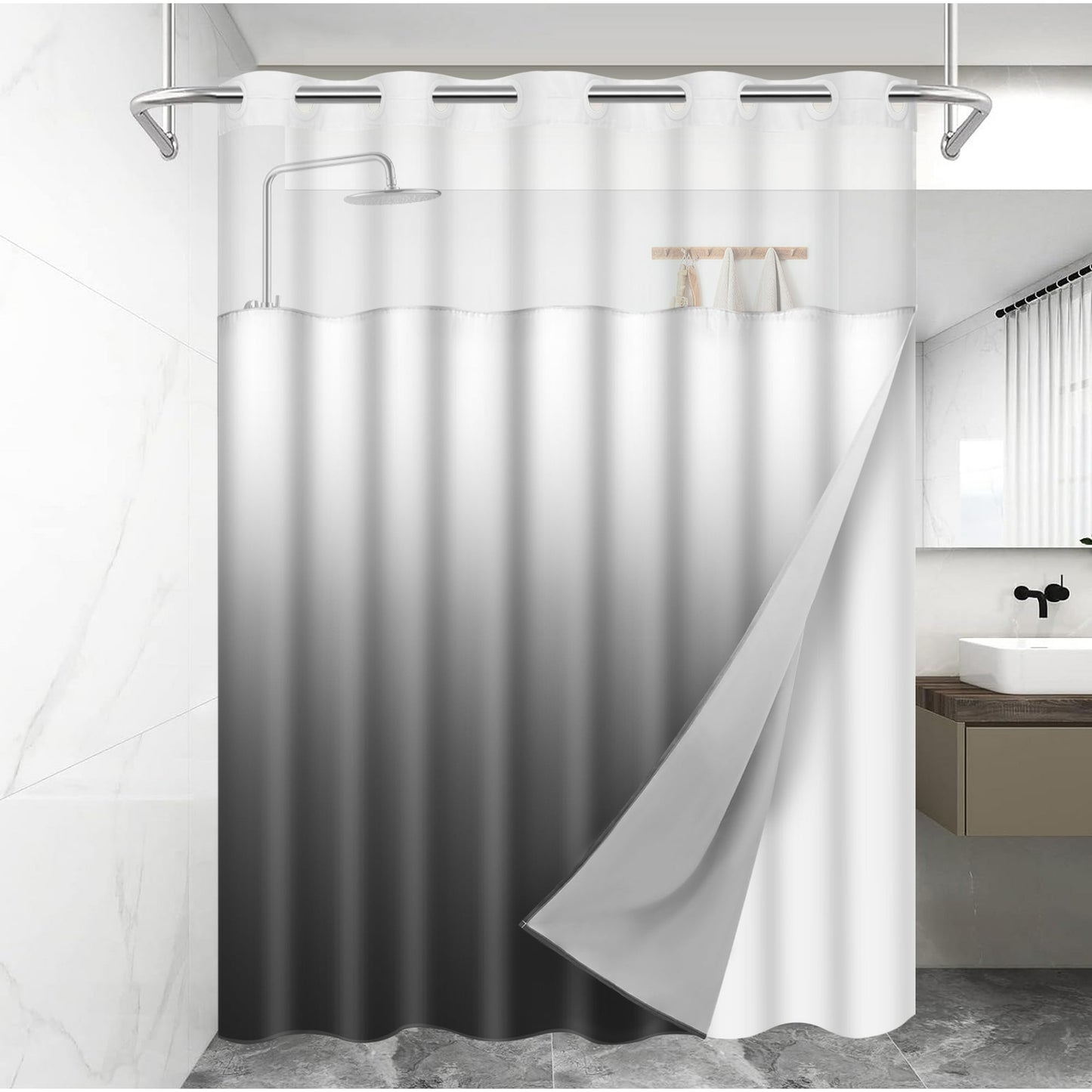 Ikfashoni Hookless Shower Curtain with Snap in Liner, Navy Gradient No Hook Waterproof Ombre Bath Curtain, 71"X74"