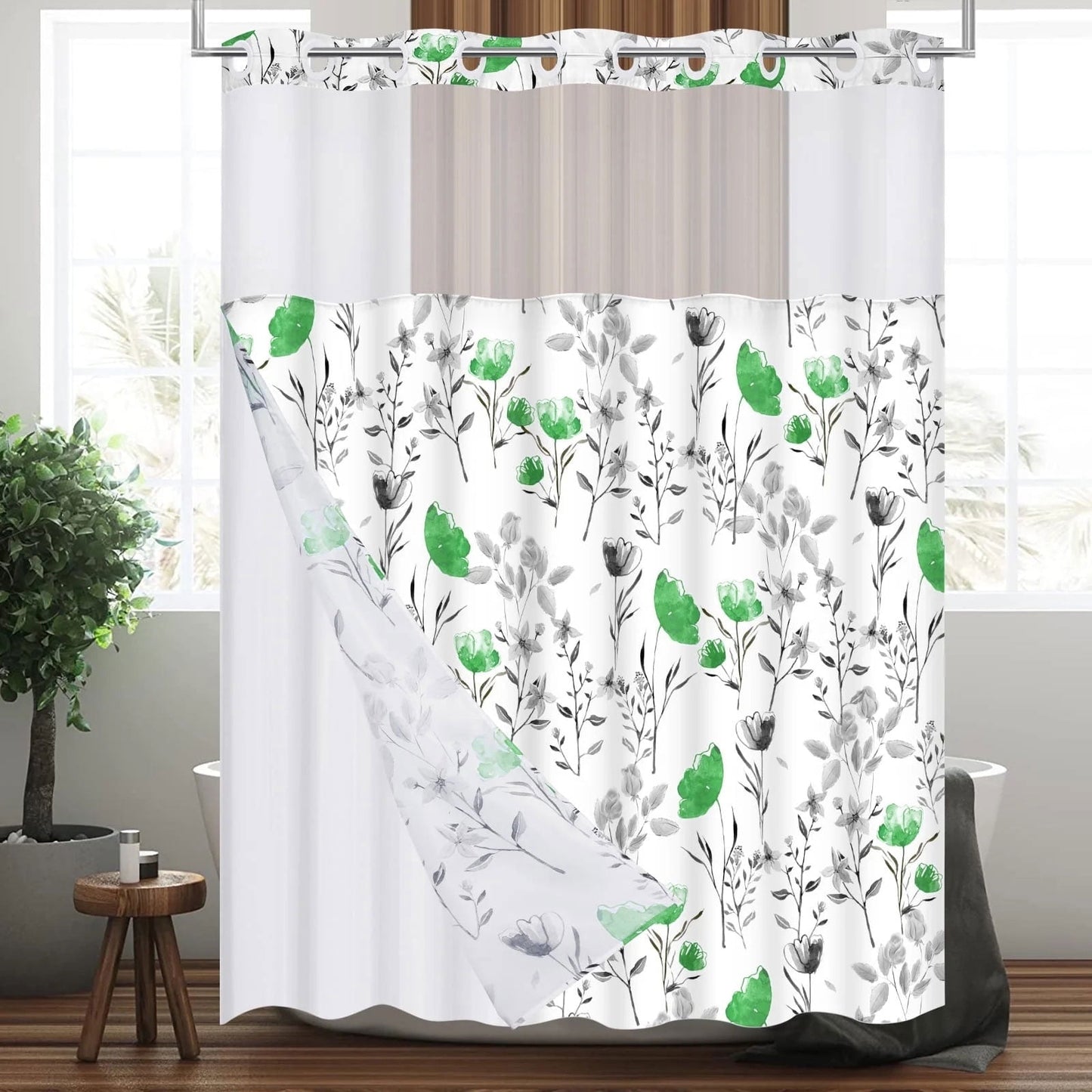 Ikfashoni Hookless Shower Curtain with Snap in Liner,Orange Floral Waterproof Fabric Mesh Window Bath Curtain,71"X74"