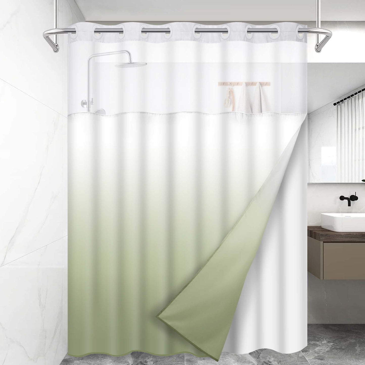 Ikfashoni Hookless Shower Curtain with Snap in Liner, Navy Gradient No Hook Waterproof Ombre Bath Curtain, 71"X74"