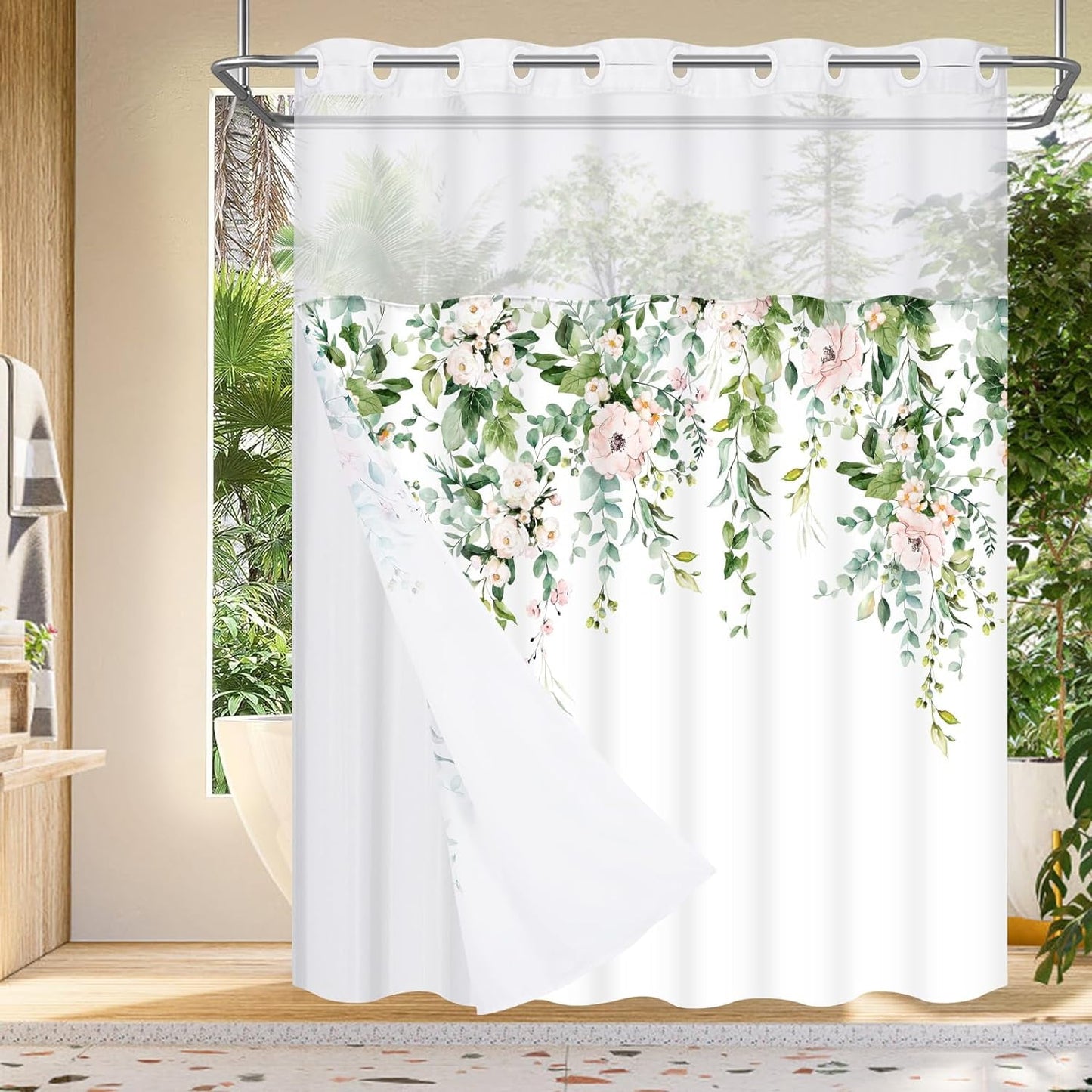 Ikfashoni Hookless Shower Curtain with Snap in Liner, White Boho Floral Waterproof Fabric Mesh Window Bath Curtain, 71"X74"