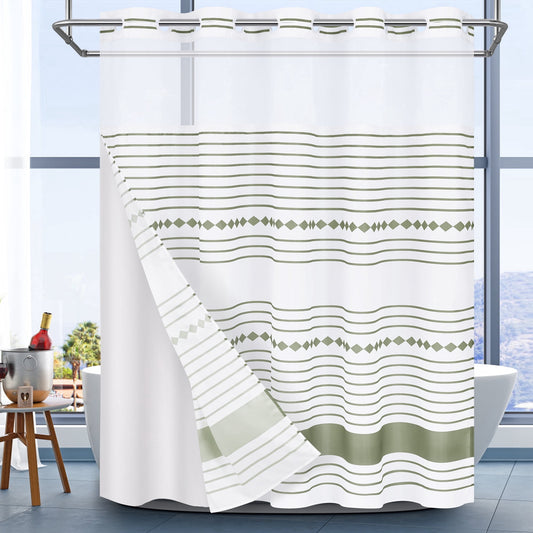 Ikfashoni Hookless Shower Curtain with Snap in Liner, Green Strip No Hook Waterproof Bath Curtain, 71"X74"