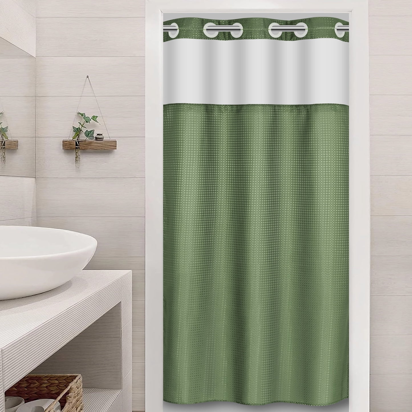 Ikfashoni Hookless Shower Curtain with Snap in Liner,Cream Waffle Weave Waterproof Fabric Mesh Window Bathroom Curtain,36"X74"