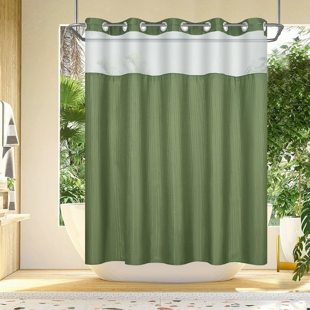 Ikfashoni Hookless Shower Curtain with Snap in Liner,Cream Waffle Weave Waterproof Fabric Mesh Window Bathroom Curtain,36"X74"