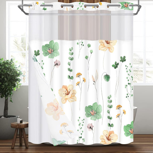 Ikfashoni Hookless Shower Curtain with Snap in Liner,Pink Watercolor Floral Waterproof Fabric Mesh Window Bath Curtain,71"X74"