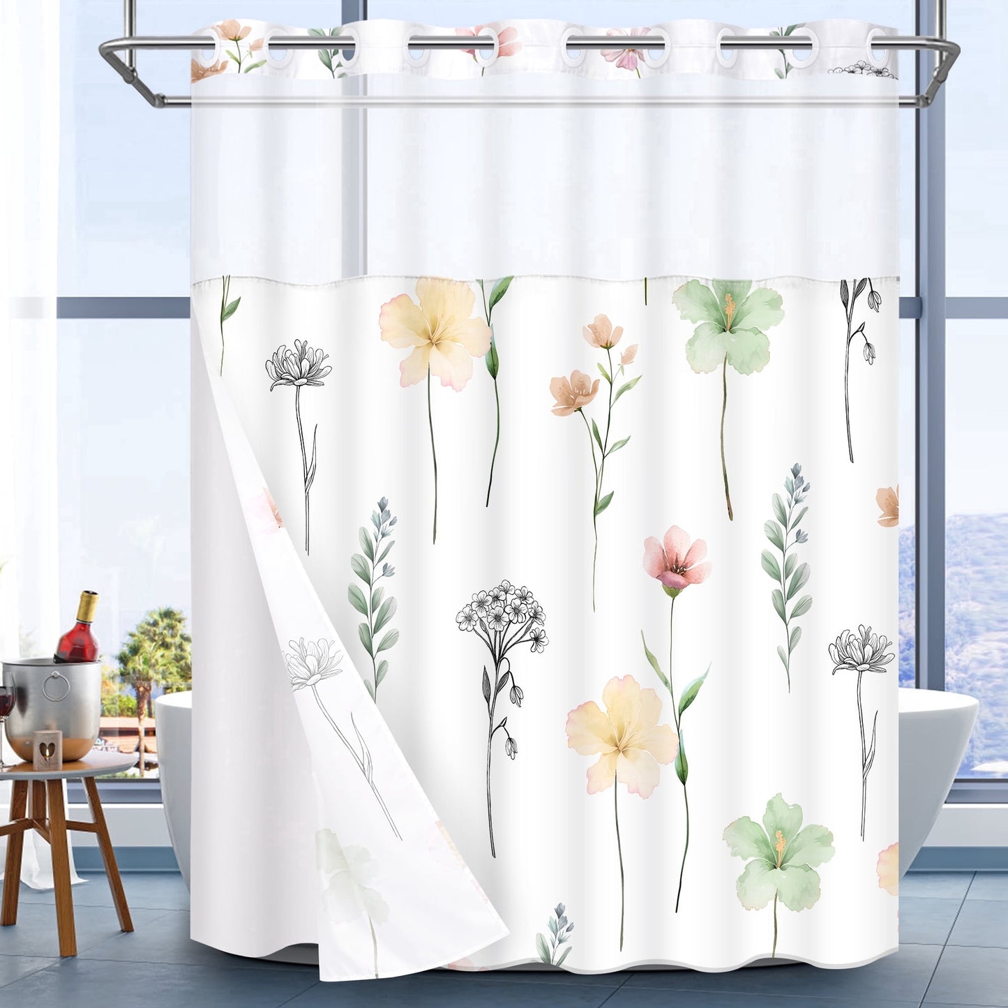 Ikfashoni Hookless Shower Curtain with Snap in Liner, Yellow Watercolor Flowers No Hook Waterproof Bath Curtain, 71"X74"