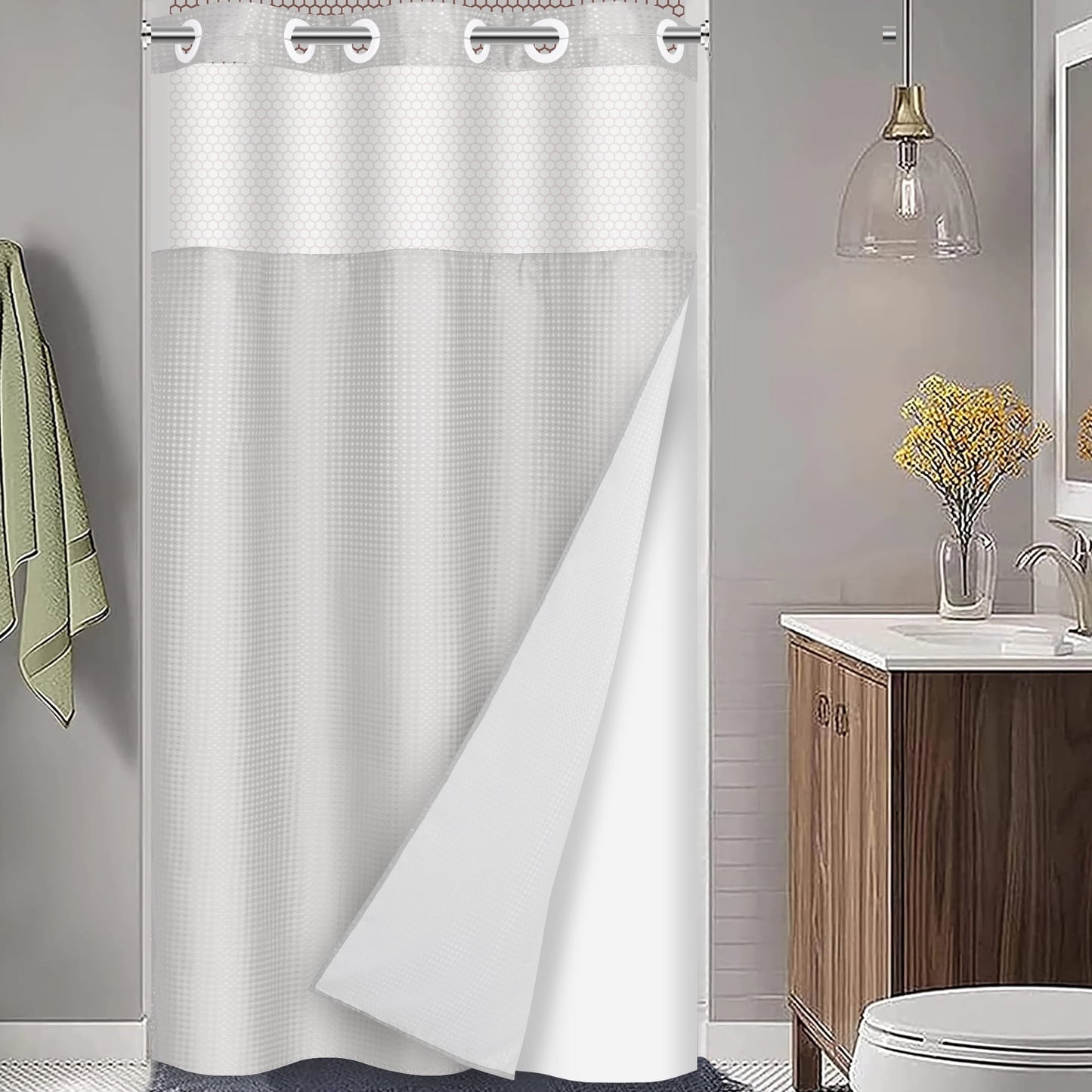 Ikfashoni Hookless Shower Curtain with Snap in Liner,Cream Waffle Weave Waterproof Fabric Mesh Window Bathroom Curtain,36"X74"