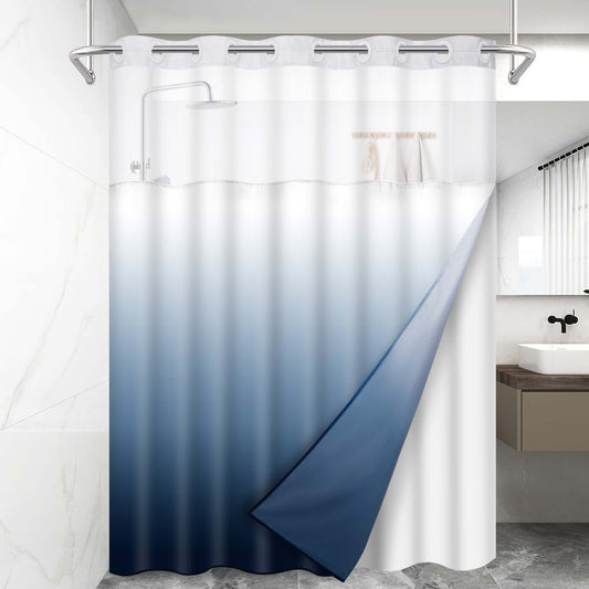 Ikfashoni Hookless Shower Curtain with Snap in Liner, Navy Gradient No Hook Waterproof Ombre Bath Curtain, 71"X74"