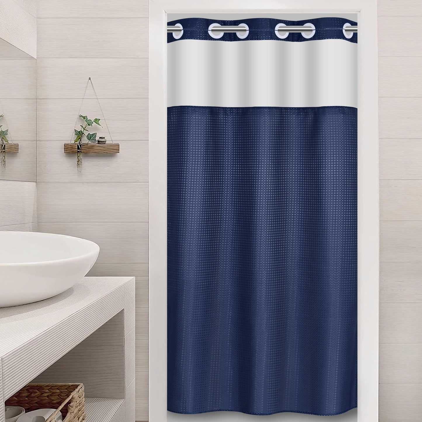 Ikfashoni Hookless Shower Curtain with Snap in Liner,Cream Waffle Weave Waterproof Fabric Mesh Window Bathroom Curtain,36"X74"