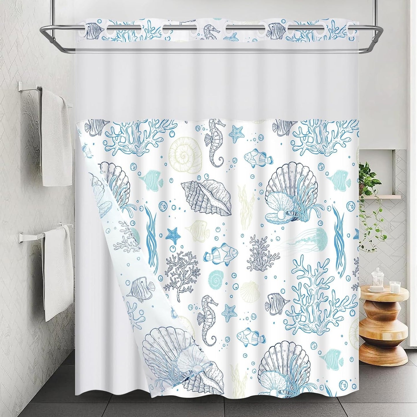 Ikfashoni Hookless Shower Curtain with Snap in Liner, White Boho Floral Waterproof Fabric Mesh Window Bath Curtain, 71"X74"