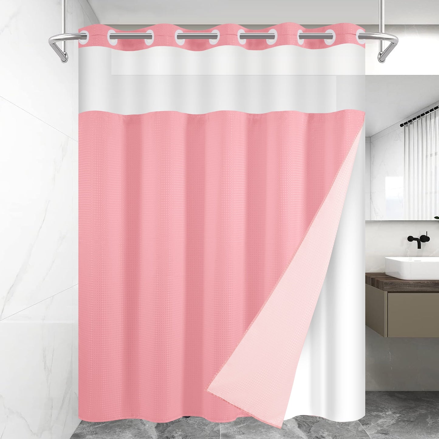 Ikfashoni Hookless Shower Curtain with Snap in Liner,Cream Waffle Weave Waterproof Fabric Mesh Window Bathroom Curtain,36"X74"