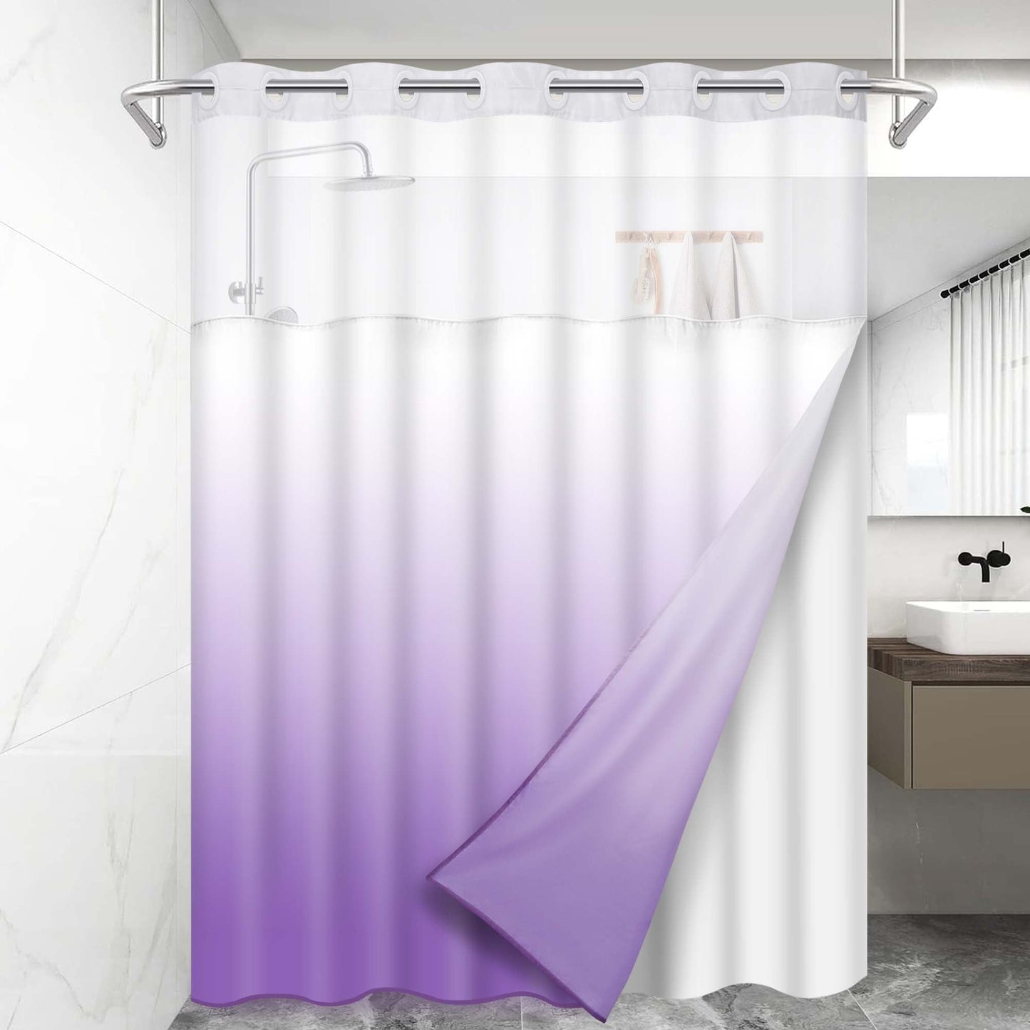 Ikfashoni Hookless Shower Curtain with Snap in Liner, Navy Gradient No Hook Waterproof Ombre Bath Curtain, 71"X74"
