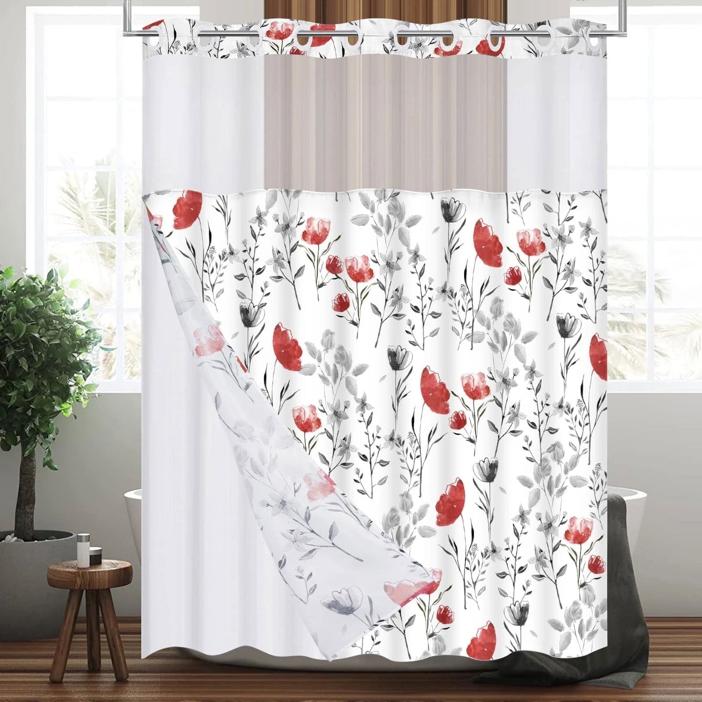 Ikfashoni Hookless Shower Curtain with Snap in Liner,Orange Floral Waterproof Fabric Mesh Window Bath Curtain,71"X74"