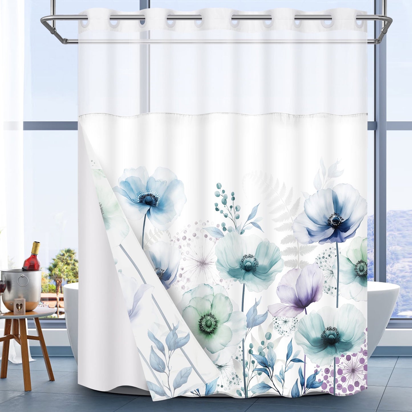 Ikfashoni Hookless Shower Curtain with Snap in Liner, Watercolor Flowers No Hook Waterproof Bath Curtain, 71"X74"