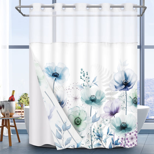 Ikfashoni Hookless Shower Curtain with Snap in Liner, Watercolor Flowers No Hook Waterproof Bath Curtain, 71"X74"
