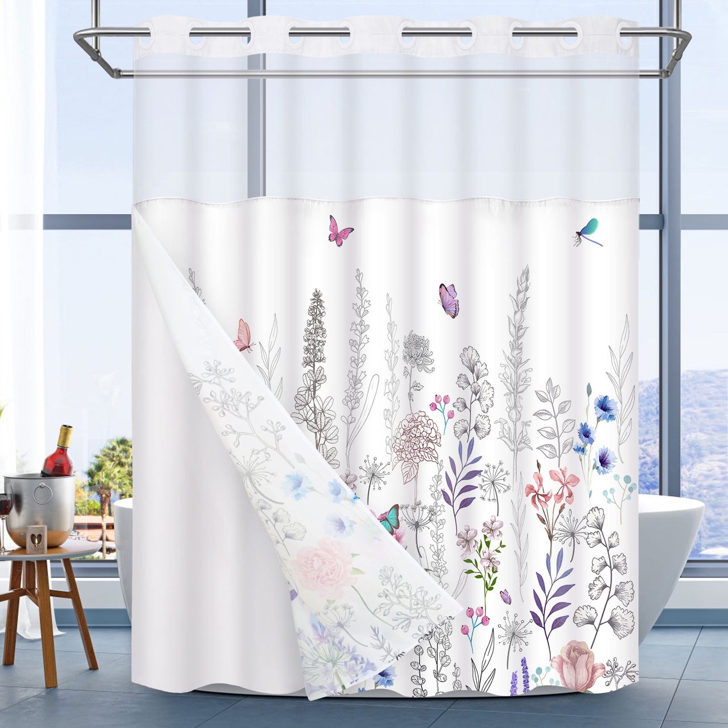 Ikfashoni Hookless Shower Curtain with Snap in Liner, White Boho Floral Waterproof Fabric Mesh Window Bath Curtain, 71"X74"