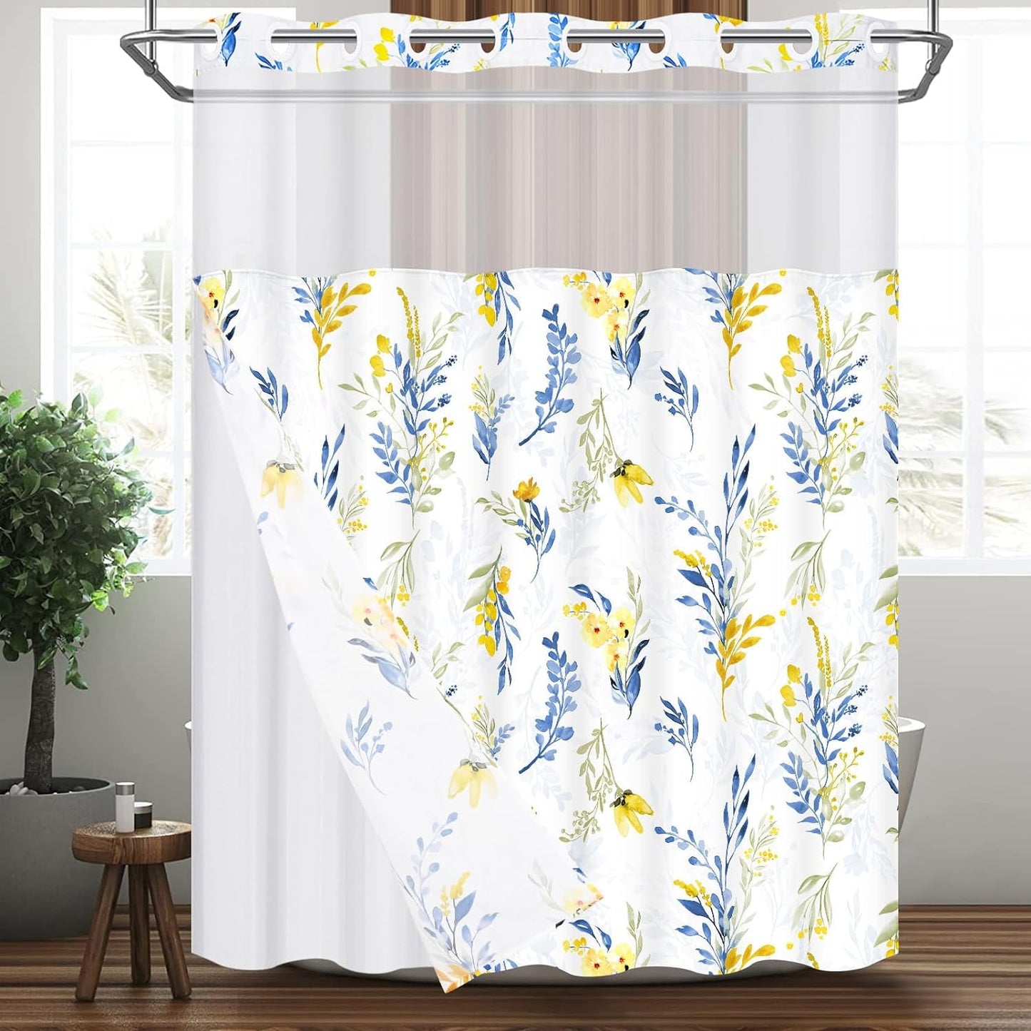 Ikfashoni Hookless Shower Curtain with Snap in Liner, White Boho Floral Waterproof Fabric Mesh Window Bath Curtain, 71"X74"