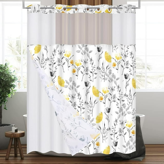 Ikfashoni Hookless Shower Curtain with Snap in Liner,Orange Floral Waterproof Fabric Mesh Window Bath Curtain,71"X74"