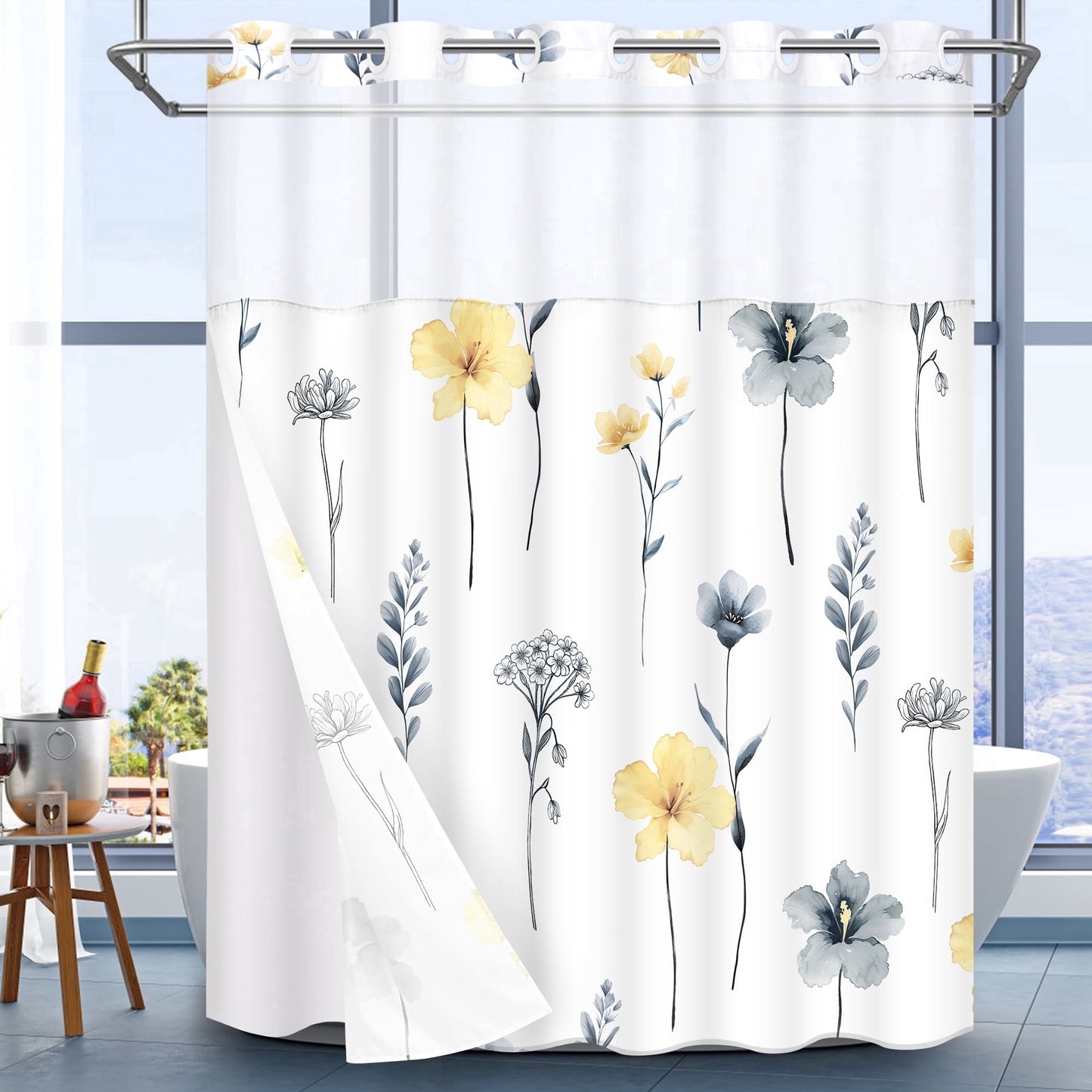 Ikfashoni Hookless Shower Curtain with Snap in Liner, Yellow Watercolor Flowers No Hook Waterproof Bath Curtain, 71"X74"