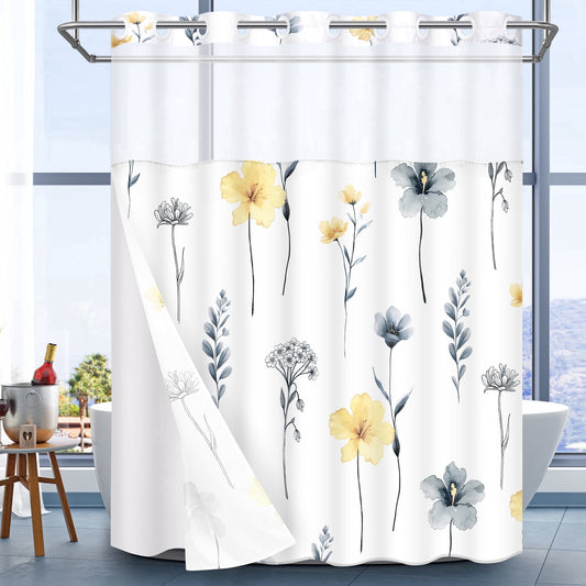 Ikfashoni Hookless Shower Curtain with Snap in Liner, Yellow Watercolor Flowers No Hook Waterproof Bath Curtain, 71"X74"
