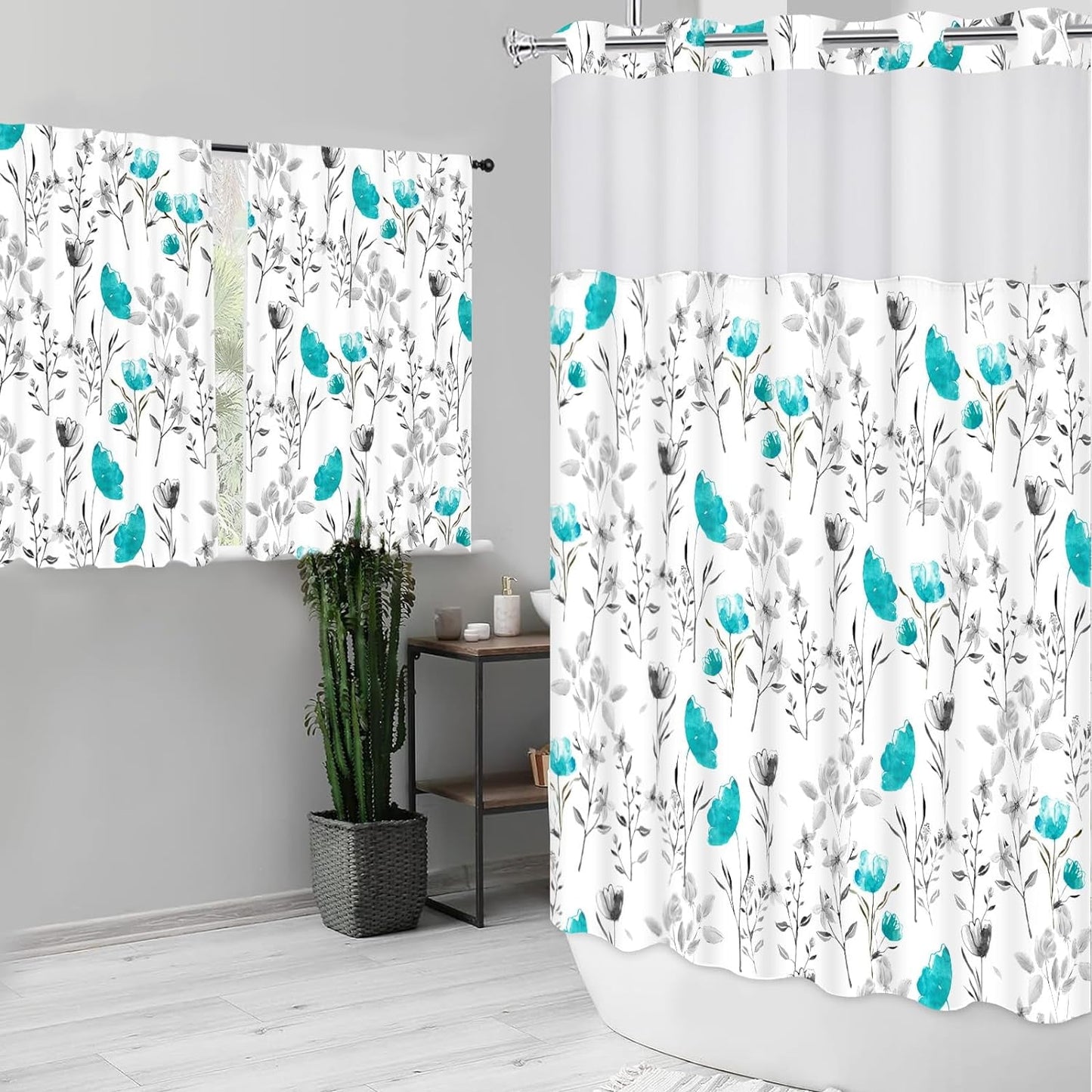 Ikfashoni Hookless Shower Curtain with Snap in Liner, White Boho Floral Waterproof Fabric Mesh Window Bath Curtain, 71"X74"