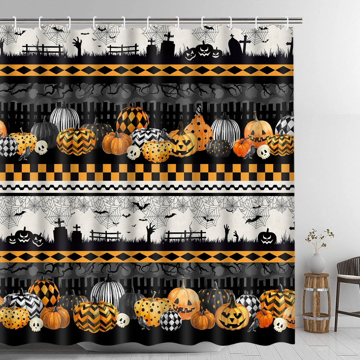 Ikfashoni Inferno Pumpkin Graveyard Shower Curtain,Halloween Bathroom Decor, Waterproof Fabric Bath Curtain,70"X69"