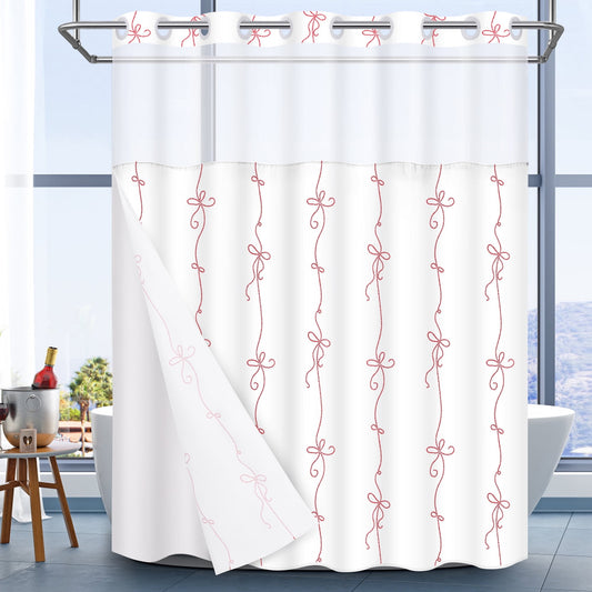 Ikfashoni No Hook Shower Curtain with Snap in Liner, Red Bow Hookless Waterproof Bath Curtain, 71"X74"