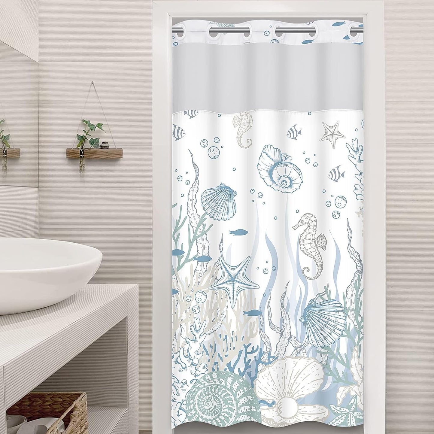 Ikfashoni Ocean Beach Hookless Shower Curtain with Snap in Liner, Blue Seashell Waterproof Fabric Mesh Window Bath Curtain, 71"X74"