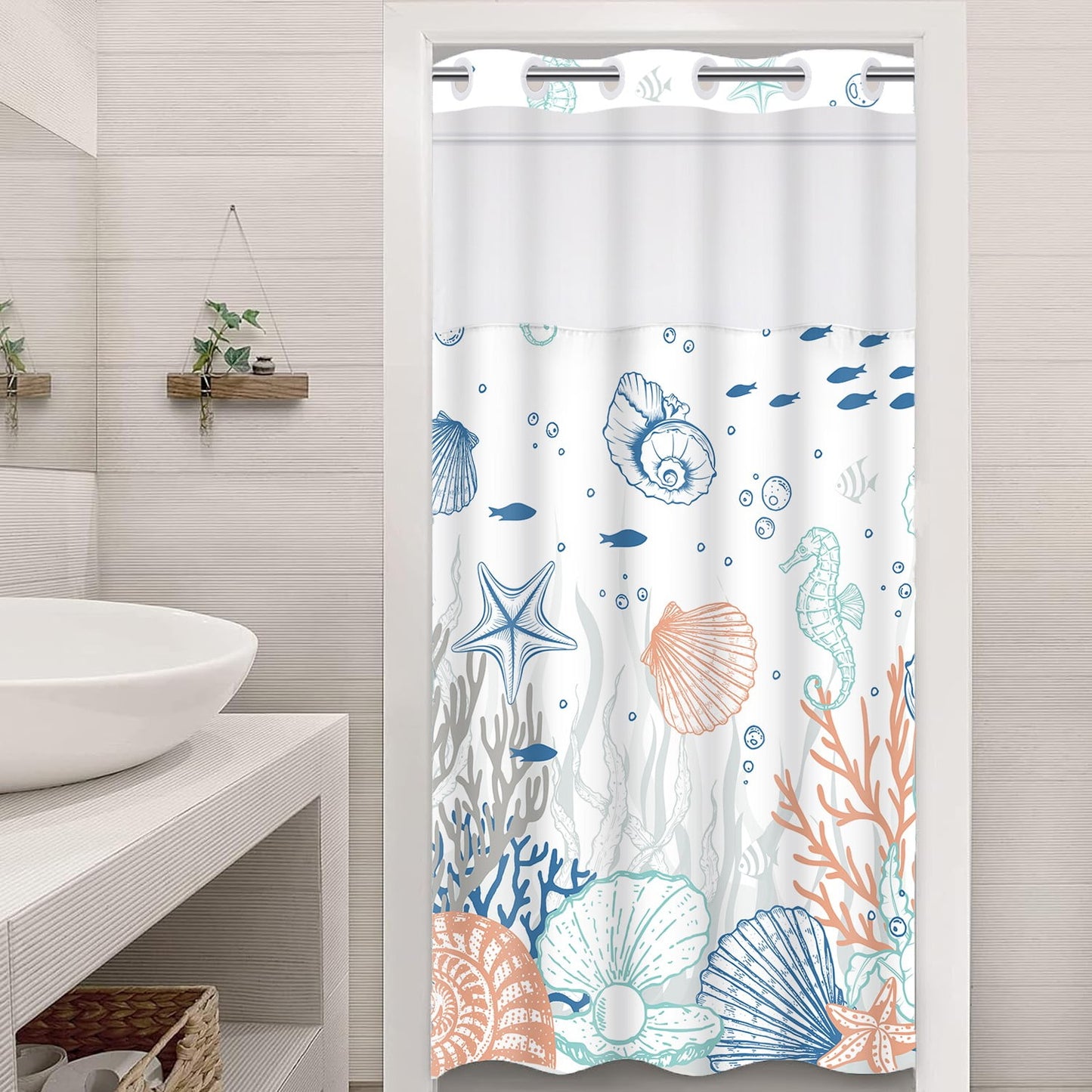 Ikfashoni Ocean Beach Hookless Shower Curtain with Snap in Liner, Blue Seashell Waterproof Fabric Mesh Window Bath Curtain, 71"X74"