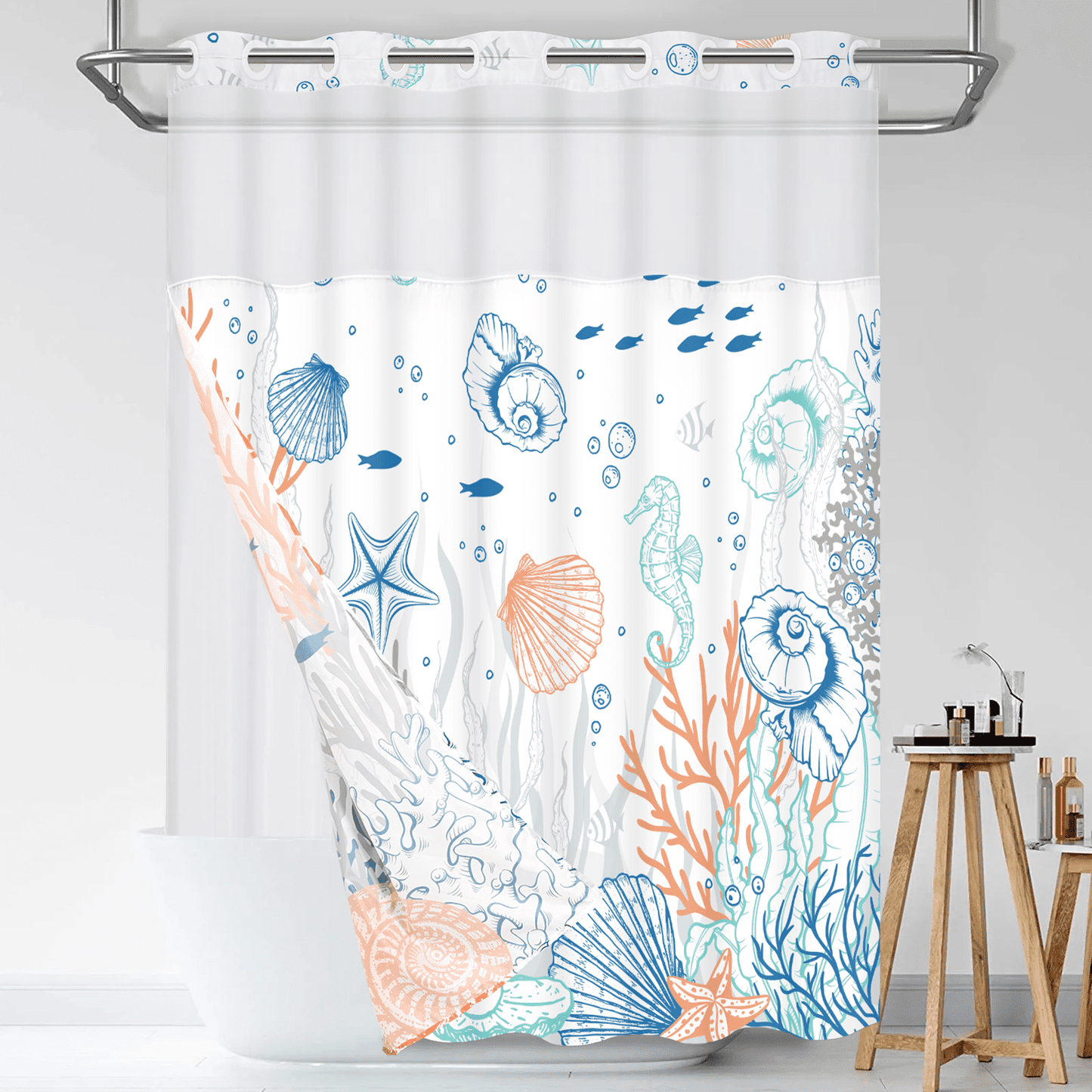 Ikfashoni Ocean Beach Hookless Shower Curtain with Snap in Liner, Blue Seashell Waterproof Fabric Mesh Window Bath Curtain, 71"X74"