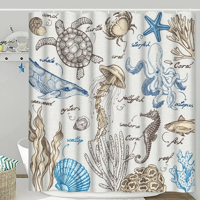 Ikfashoni Beach Starfish Shower Curtain, 13pc Waterproof Fabric Ocean Nautical Bathroom Sets, 70"X69"